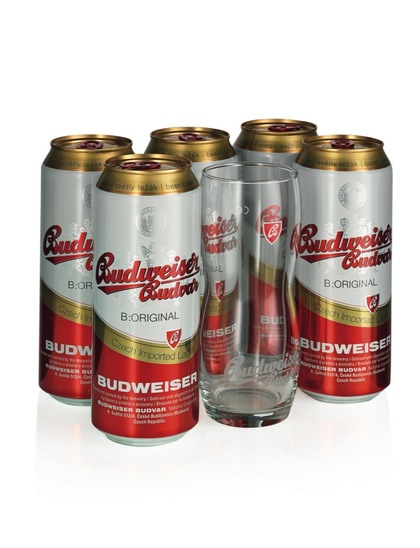 Pivo Budweiser Budvar Original 0,5 l x 5, pločevinka + kozarec, darilno pakiranje