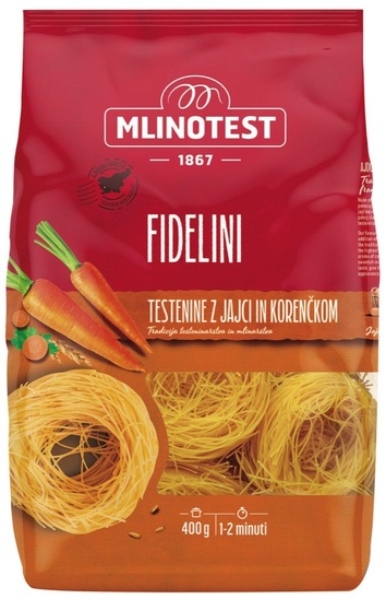 Testenine Fidelini z jajci in korenčkom, Mlinotest, 400 g