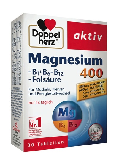 Prehransko dopolnilo Aktiv magnezij + B vitamin + folna kislina, Doppel Herz, 30 tablet