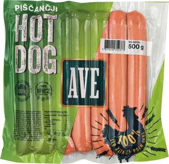 Piščančje hrenovke Hot Dog, Ave, 500 g, pakirano