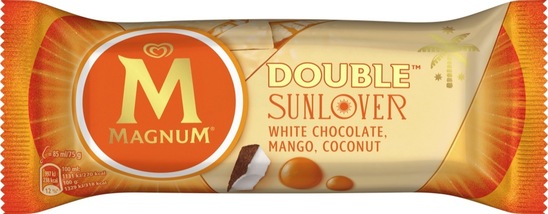 Sladoled na palčki, Double Sunlover, bela čokolada, mango in kokos, Magnum, 85 ml
