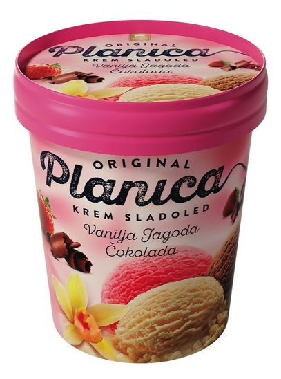 Sladoled v lončku, čokolada, jagoda in vanilija, Planica, 400 ml
