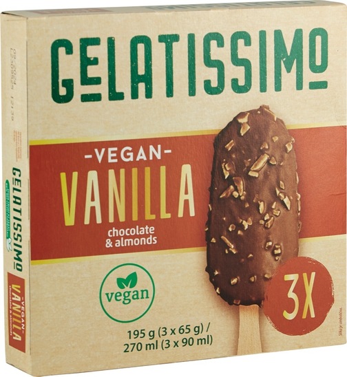 Veganski sladoled na palčki, vanilija in mandelj, Gelatissimo, 3 x 65 g