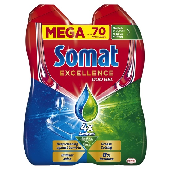 Detergent za strojno pomivanje posode, Gel Grease, Somat Excellence, 2 x 630 ml, 70 pranj