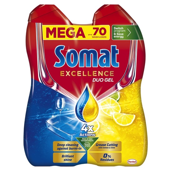 Detergent za strojno pomivanje posode, Gel Grease, Lemon, Somat Excellence, 2 x 630 ml, 70 pranj