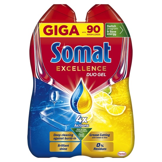 Detergent za strojno pomivanje posode, Gel Grease, Lemon, Somat Excellence, 2 x 810 ml, 90 pranj