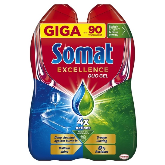 Detergent za strojno pomivanje posode, Gel Grease, Somat Excellence, 2 x 810 ml, 90 pranj