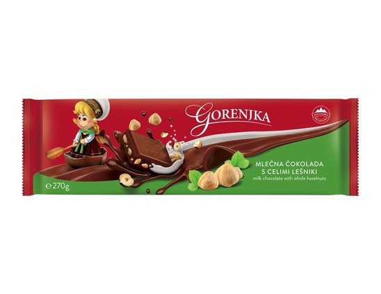 Mlečna čokolada s celimi lešniki, Gorenjka, 270 g