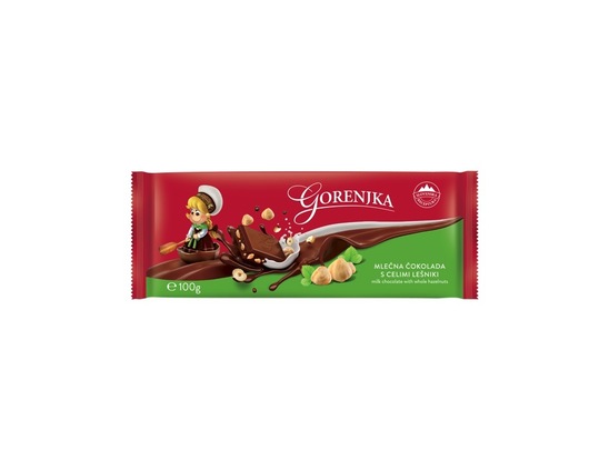 Mlečna čokolada s celimi lešniki, Gorenjka, 100 g