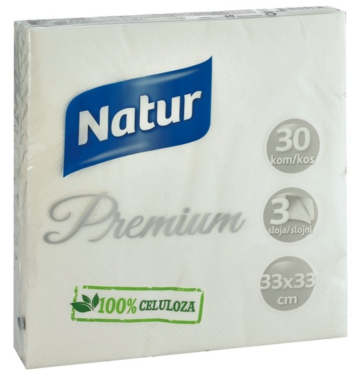 Serviete Natur Premium, 3-slojne, 33x33 cm, 30 kosov, bele barve