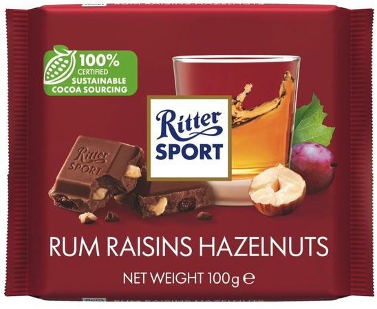 Čokolada z rumom, rozinami in lešnikom, Ritter Sport, 100 g