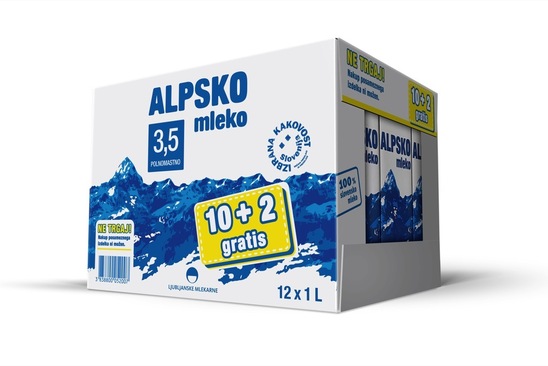 Trajno polnomastno Alpsko mleko, 3,5 % m.m., Ljubljanske mlekarne, 10x1 l + 2 l gratis