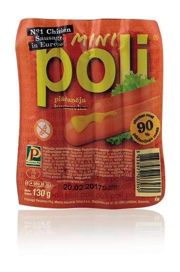 Mini piščančja hrenovka Poli brez ovoja, Perutnina Ptuj, 130 g, pakirano