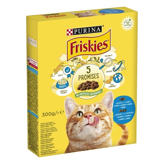 Hrana za mačke Friskies z lososom, tuno in zelenjavo, Purina, 300 g, briketi
