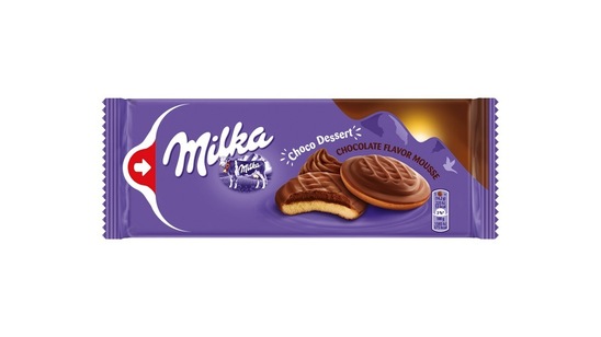 Keksi Choco Dessert polnjeni s čokoladnim moussem, Milka, 128 g