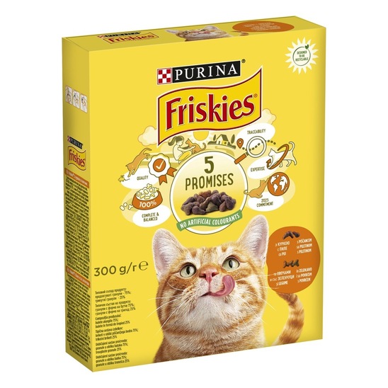 Hrana za mačke Friskies s piščancem, jetri in zelenjavo, Purina, 300 g, briketi