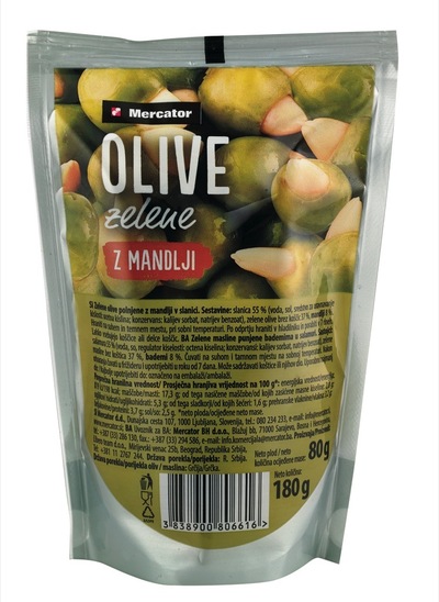 Zelene olive z mandlji, Mercator, 180 g