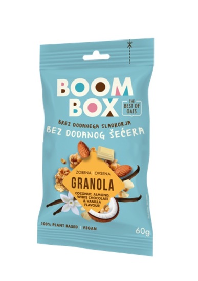 Ovsena granola, kokos, mandelj, bela čokolada in vanilija, Boom Box, 60 g