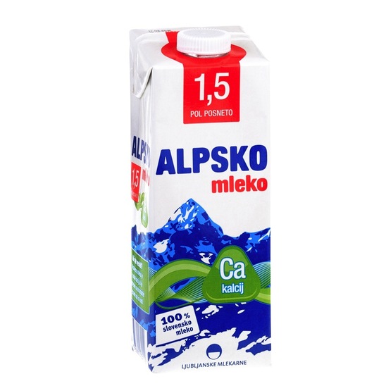 Trajno pol posneto Alpsko mleko s kalcijem, 1,5 % m.m., Ljubljanske mlekarne, 1 l