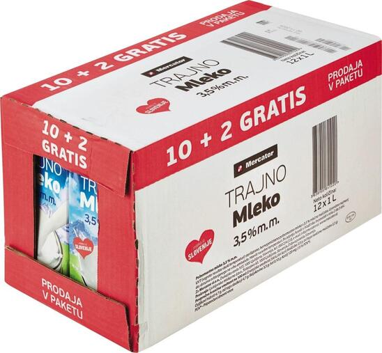 Trajno mleko, 3,5 % m.m., Mercator, 10+2 gratis