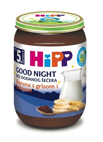 Bio sadna kašica za lahko noč z mlečnim pripravkom in čokolado, od 6 meseca starosti, Hipp, 190 g