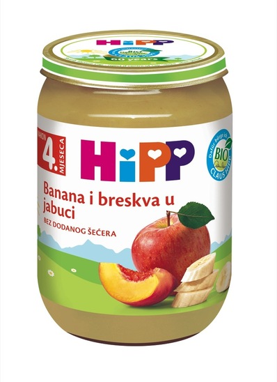 Bio sadna kašica z jabolkom, breskvijo in banano, Hipp, 190 g