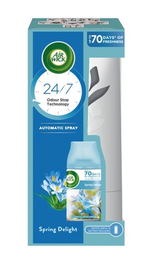 Baterijski osvežilec Pure spring delight, nastavek + polnilo, Airwick Freshmatic, 250 ml