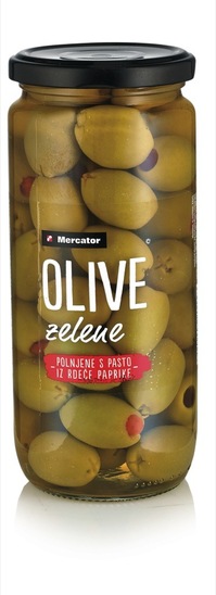 Zelene olive polnjene s pasto iz rdeče paprike, Mercator, 510 g