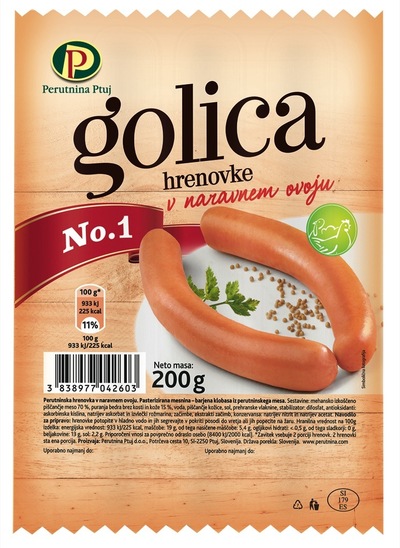 Hrenovke v naravnem ovoju, Golica, Perutnina Ptuj, pakirano, 200 g