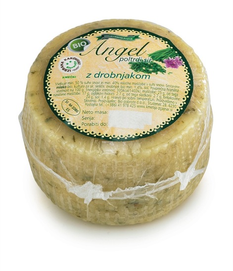 Bio poltrdi sir z drobnjakom Angel, Izdelki s kmetije Žgajnar, Bio Dobrote, pakirano
