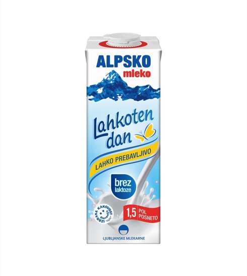 Trajno pol posneto Alpsko mleko brez laktoze, 1,5 % m.m., Ljubljanske mlekarne, 1 l