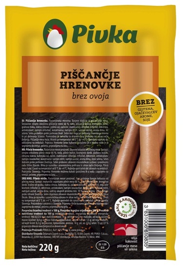 Piščančje hrenovke, brez ovoja, Pivka, pakirano, 220 g