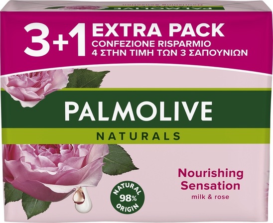 Toaletno milo, mleko in vrtnica, Palmolive Naturals, 90 g, 3 + 1 gratis