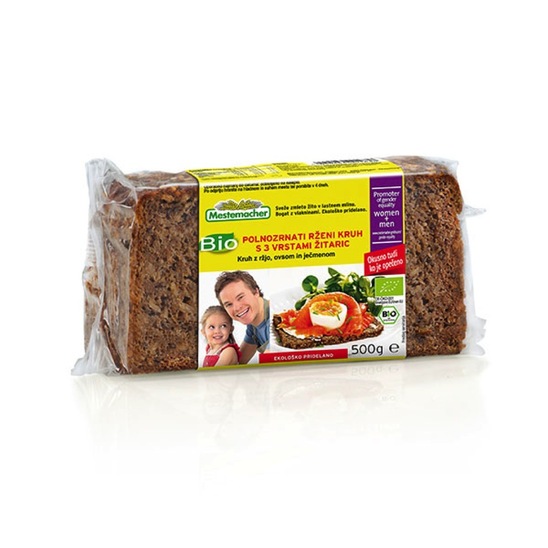 BIO polnozrnat ržen kruh s 3 vrstami žitaric, Mestemacher, 500 g
