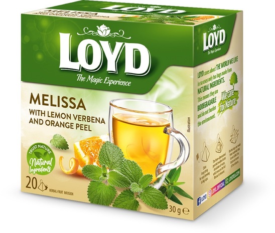 Zeliščni čaj, melisa s citronsko verbeno in pomarančno lupino, Loyd, 20 vrečk, 30 g