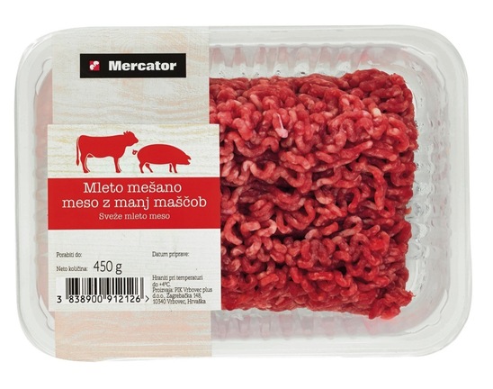 Mleto mešano meso, z manj maščobe, Mercator, pakirano, 450 g