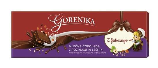 Mlečna čokolada z rozinami in lešniki, Gorenjka, 250 g