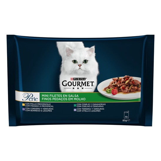 Hrana za mačke Gourmet perle s kuncem, jagnjetino, teletino in piščancem, Purina, 4x85 g