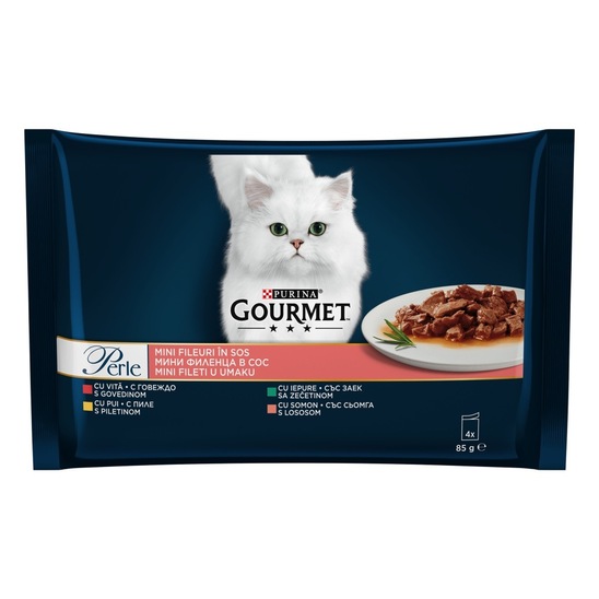 Hrana za mačke Gourmet perle z govedino, piščancem, zajcem in lososom, Purina, 4x85 g