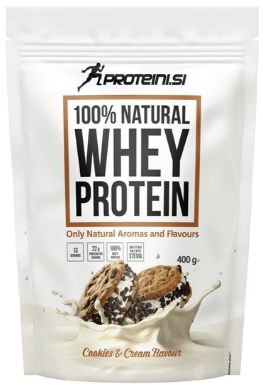 Proteini 100 % Natural Whey, Cookies & Cream, Proteini.si, 400 g