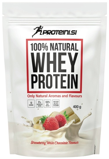 Proteini 100 % Natural Whey, jagoda in bela čokolada, Proteini.si, 400 g