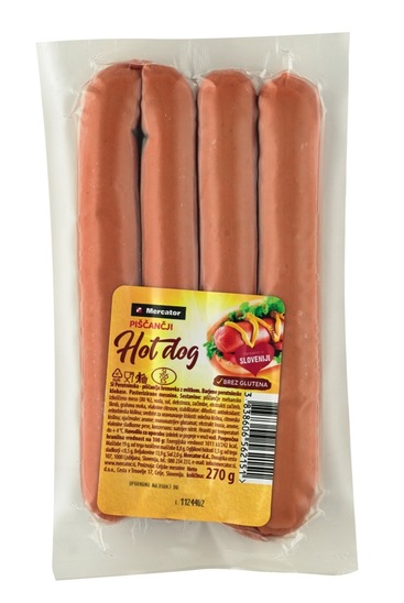 Piščančje hrenovke hot dog, Mercator, pakirano, 270 g