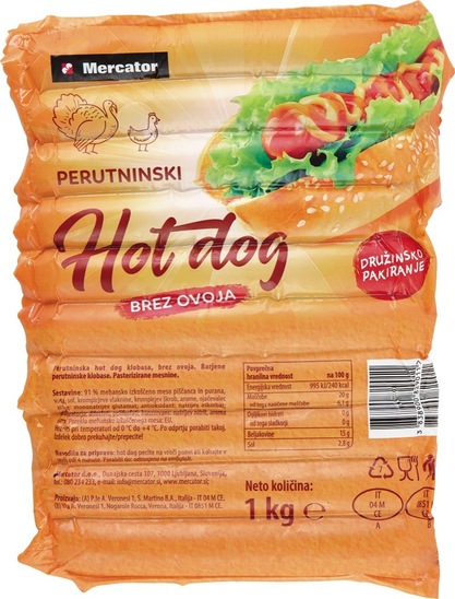 Perutninske hrenovke Hot Dog, Mercator, 1 kg