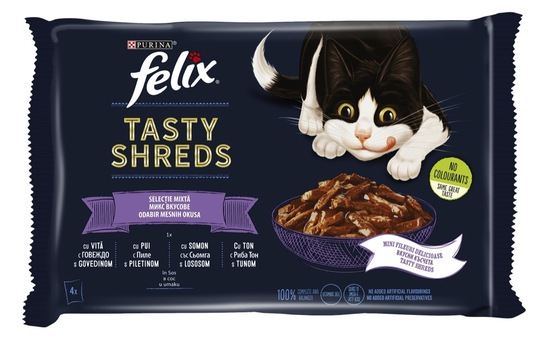 Mokra hrana za mačke Tasty Shreds, mehka govedina, piščanec, losos in tuna, Felix, 4 x 80 g