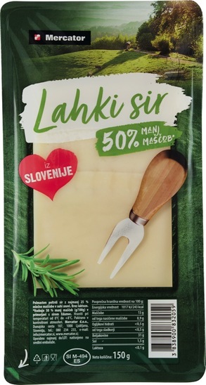 Slovenski lahki sir, v rezinah, poltrdi in polmasten z najmanj 25 % m.m., Mercator, pakirano, 150 g
