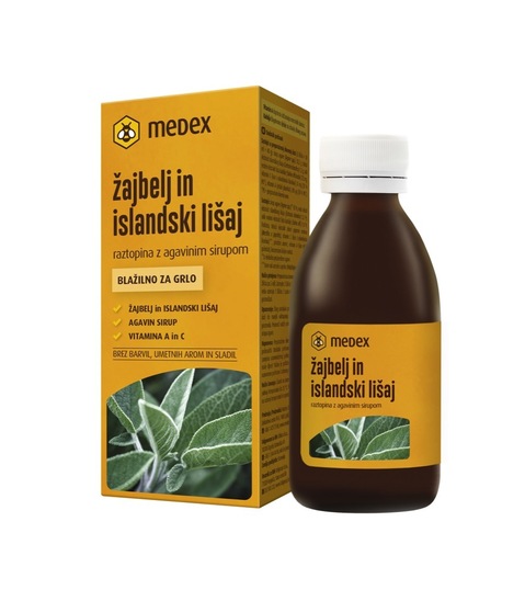 Žajbelj in islandski lišaj, raztopina z agavinim sirupom, Medex, 150 ml