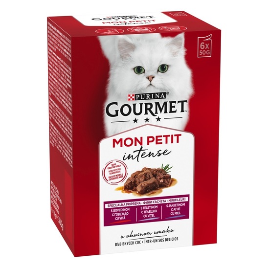 Hrana za mačke Gourmet Mon Petit, okus teletine, govedine in jagnetine, 6 x 55 g