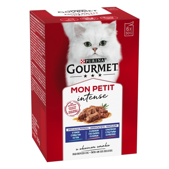Hrana za mačke Gourmet Mon Petit, okus tune, lososa in postrvi, 6 x 50 g
