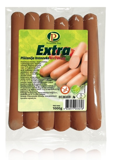 Piščančja hrenovka Extra, brez ovoja, Perutnina Ptuj, pakirano, 1 kg