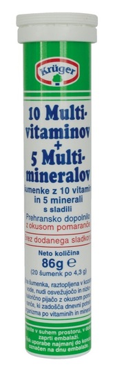 Šumeče tablete, 10 multi-vitaminov + 5 multi-mineralov z okusom pomaranče s sladili, Kruger, 86 g